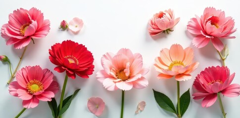 Fototapeta premium Elegant red, pink, peach blooms arranged on white background , tulips, color
