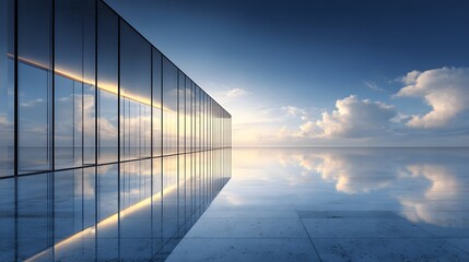 Modern glass building facade reflecting a serene sky.