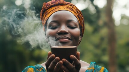 African woman holding a cup with freshly brewed coffee and inhaling the delicious scent