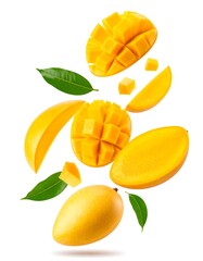 Vibrant Yellow Mango Slices and Cubes Floating Against White Background