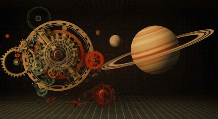 A digital rendering of saturn and gears on a grid background with other planets in the distance