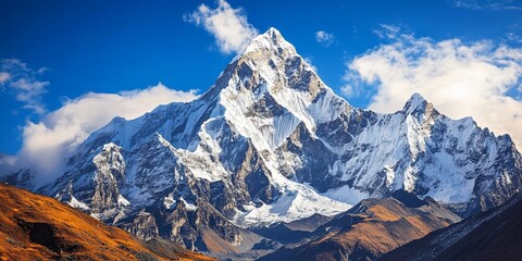 rugged mountain peaks with snow-capped summits, the crisp air and clear sky emphasizing the majestic landscape