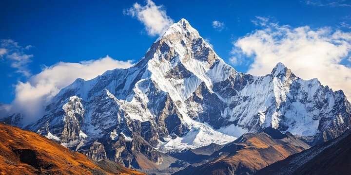 rugged mountain peaks with snow-capped summits, the crisp air and clear sky emphasizing the majestic landscape