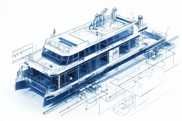 Obraz premium Blueprint diagram of an electric ferry system with charging docks, sustainable port infrastructure, and renewable power integration. Green marine transit concept. White background.