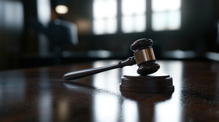 Gavel on Polished Wooden Surface in Courtroom