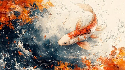A vibrant carp leaping from the water in a dynamic Asian inspired scene