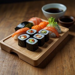 Fresh Sushi Platter on Wooden Tray with Soy Sauce