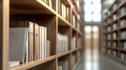 Wooden Bookshelves in Library Corridor