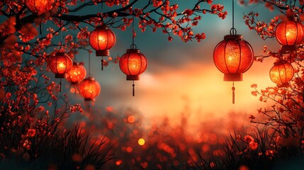 Fototapeta premium Vibrant Asian Lantern Festival Scene