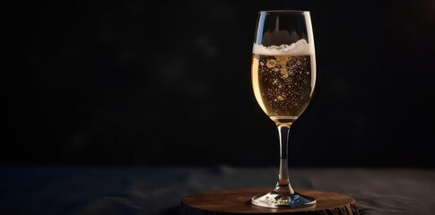 Elegant champagne flute, bubbles rising against dark backdrop, celebration, holiday, alcohol drink