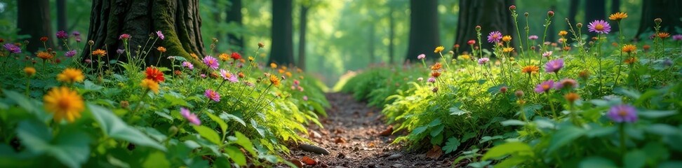 Forest floor carpeted with vibrant wildflowers and ferns, foliage, forest