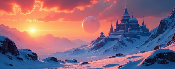 Futuristic snowy fortress, orange sunset sky, distant planet , horizon, astronomy, light