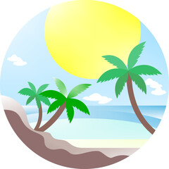 Tropical beach scene with palm trees and bright sun overhead  , vector