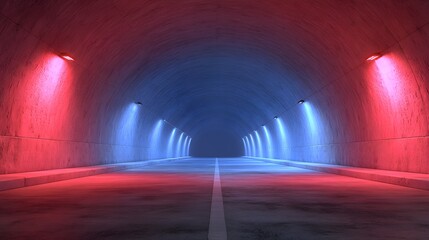 Neon tunnel with red and blue lighting.