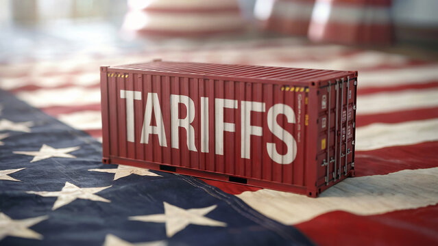American trade tariffs concept with cargo container on USA flag.