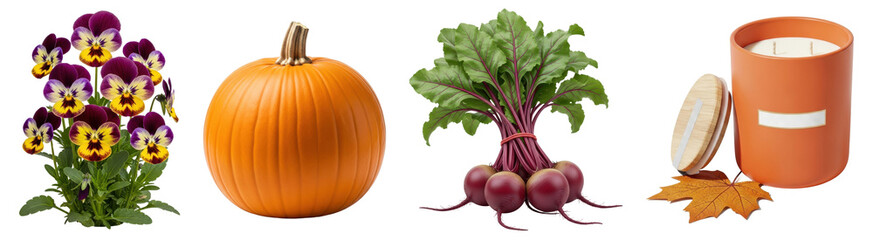 Obraz premium Pansies, pumpkin, fresh beets, and pumpkin spice candle with maple leaf