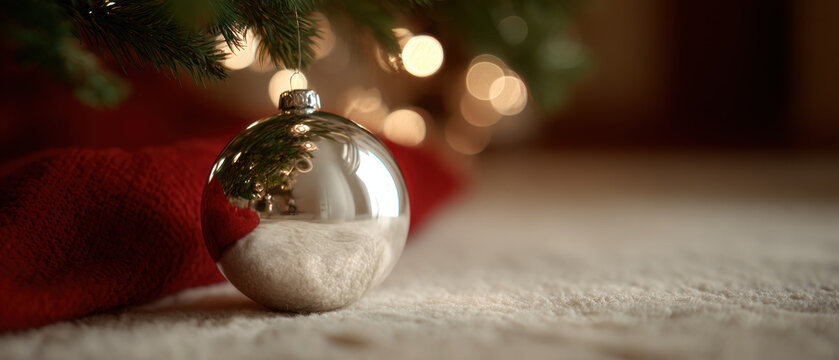 Shiny ornament reflects twinkling lights under Christmas tree