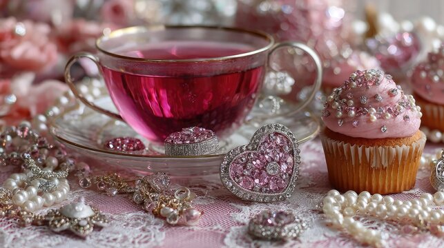 Pink tea party cupcakes and crystals romantic aesthetic valentine's day	