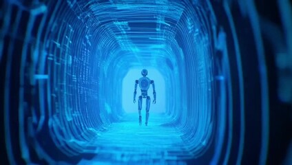 Futuristic robot walking into digital tunnel, ai journey into virtual reality, technology innovation and transformation, conceptual tech video clip - Powered by Adobe