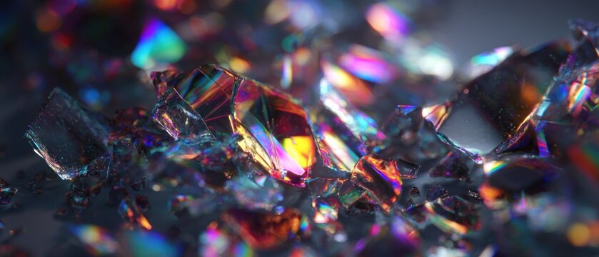 Iridescent broken glass shards with rainbow reflections on dark surface