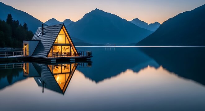 A-frame cabin on a lake at dusk, reflecting in the still water with mountains in the background