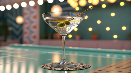 Elegant martini with olives served in a stylish bar setting with soft lighting