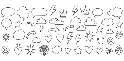Obraz premium Doodle icon set, hand drawn vector collection featuring speech bubbles clouds hearts stars lightning crowns arrows suns spirals and sketch style elements for design use