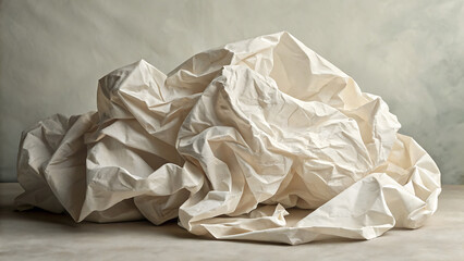 A large crumpled ball of white fabric with subtle pink and blue undertones against a textured background