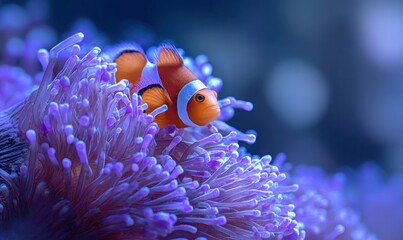 Clownfish swimming among anemone tentacles in a vibrant underwater scene