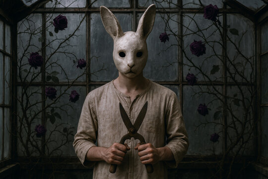A creepy figure in a rabbit mask holds vintage shears in a dark, gothic room with roses. A concept of horror, mystery, and surreal nightmares.