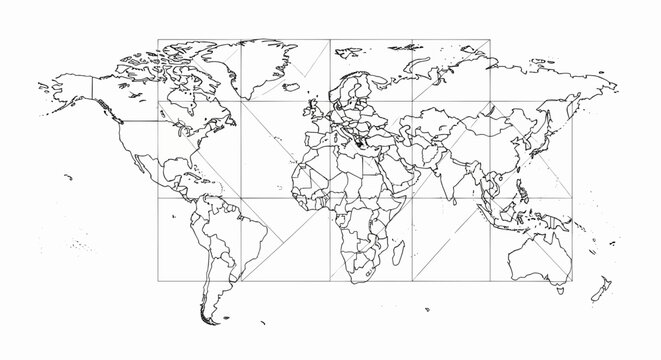 Minimalist black and white world map illustration with country borders and grid lines. Simple global geography cartography on a white background.