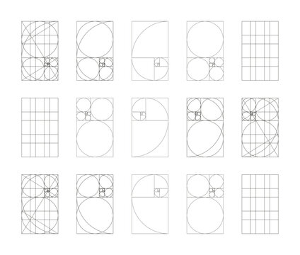 Golden ratio. Fibonacci array, numbers shapes. Harmony proportions frame templates. Method golden section mockups. Harmony proportions black grids. Outline thin graphic illustration.