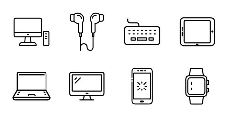 Electronic devices icon set with smartphone, laptop, tablet, smartwatch, desktop computer, earphones, keyboard, monitor, and charging cable elements