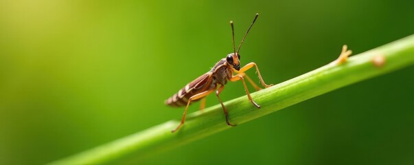 Brown Chorthippus parallelus crawling up a stem of Parallelus plant, plant, brown