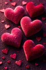 Obraz premium Burgundy velvet hearts on a textured background, fabric, design element