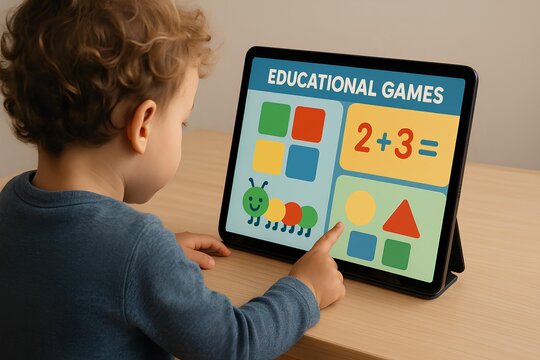 Child learning with educational games on screen