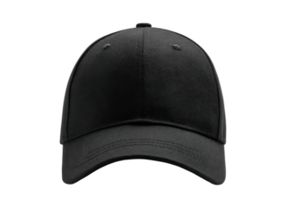 Plain black baseball cap with curved brim and stitched details headwear apparel, Isolated, Png Transparent Background