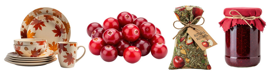 Autumn-themed dinnerware, fresh cranberries, scented sachet, and jar of cranberry jam