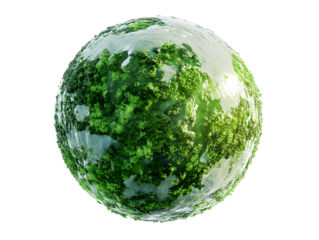 A detailed 3d render of a lush green planet with icy caps and a textured surface isolated on transparent background