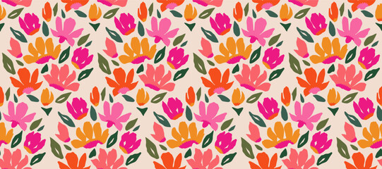 Fototapeta premium Hand drawn floral damask seamless pattern. Hawaiian flower print, summer holiday background in vintage style. Tropical plant painting. Design for fabric, textile, wallpaper and decoration.