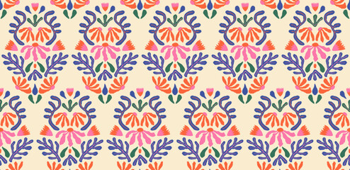 Hand drawn floral damask seamless pattern. Hawaiian flower print, summer holiday background in vintage style. Tropical plant painting. Design for fabric, textile, wallpaper and decoration.