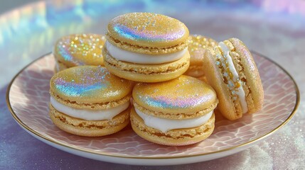 Luxurious peach macarons displayed on a cream-colored plate with delicate flowers accentuating the elegant dessert arrangement in a bright kitchen setting	