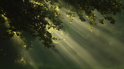 Sunlight filtering through trees in a misty forest.
