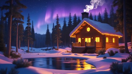 Cozy Cabin in Snowy Forest under Aurora