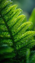 Obraz premium Green fern frond with water droplets, freshness and natural beauty