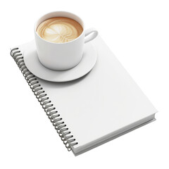 A white coffee cup with latte art sits atop a spiral-bound notebook