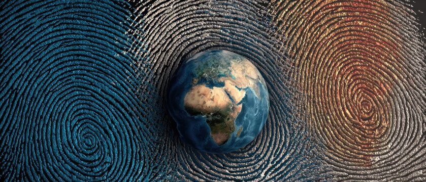 Earth Globe with Fingerprint Background, Global Identity and Security
