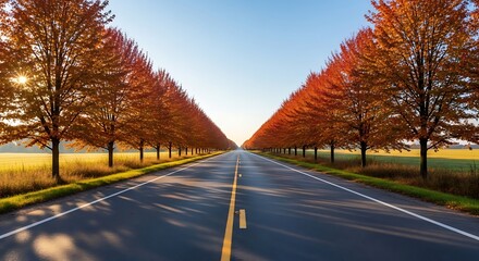 A long, straight road stretches into the distance, lined with trees displaying vibrant autumn foliage under a clear blue sky and bright sunlight.