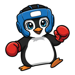 Obraz premium Boxing Penguin Mascot with Red Gloves and Blue Helmet