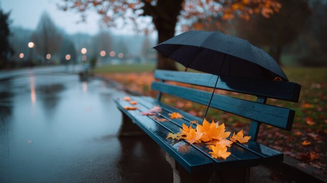 Black umbrella and orange maple leaves on a wet park bench in autumn. Rainy day scene. Peaceful outdoor setting.